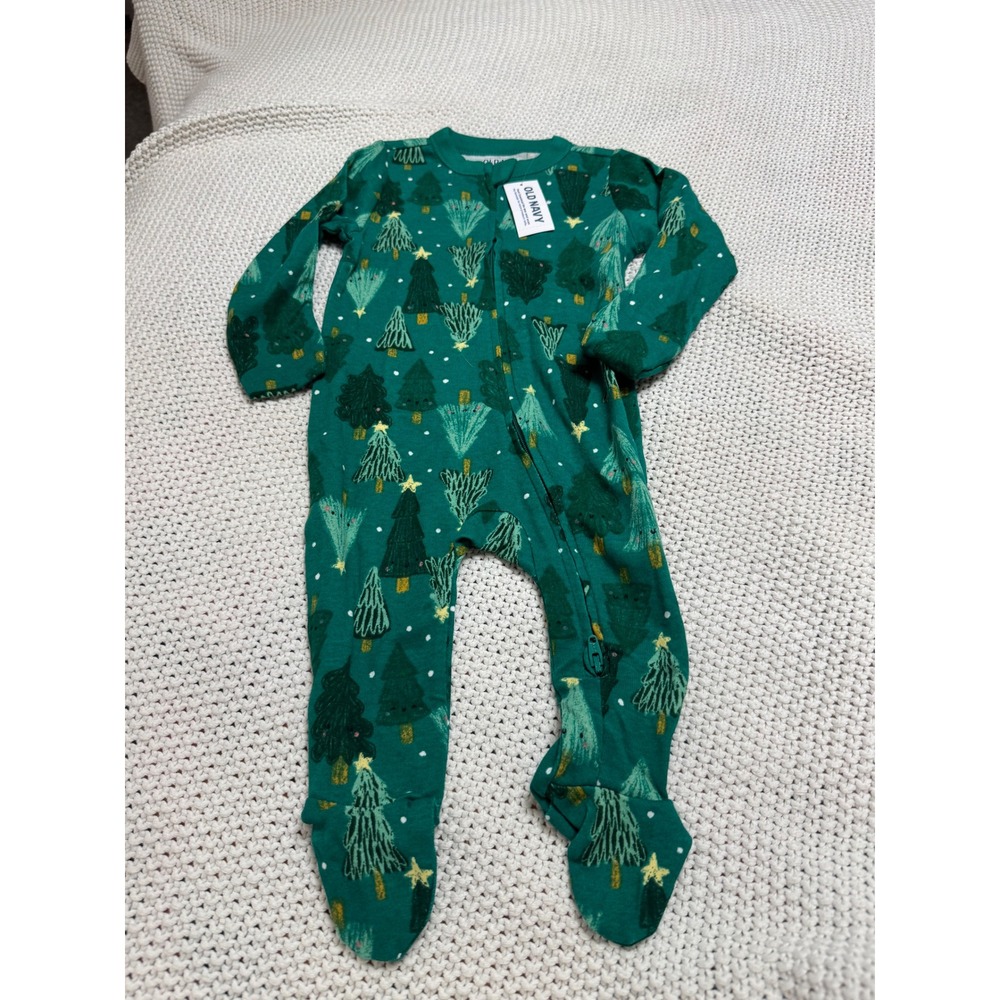 Old Navy Baby Green Christmas Tree 2-Way Zip Footed Sleeper Pajamas 6-9 Months